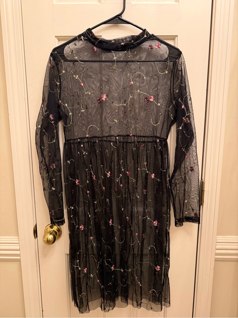 Black Sheer Embroidered Floral Mesh Midi Dress Medium